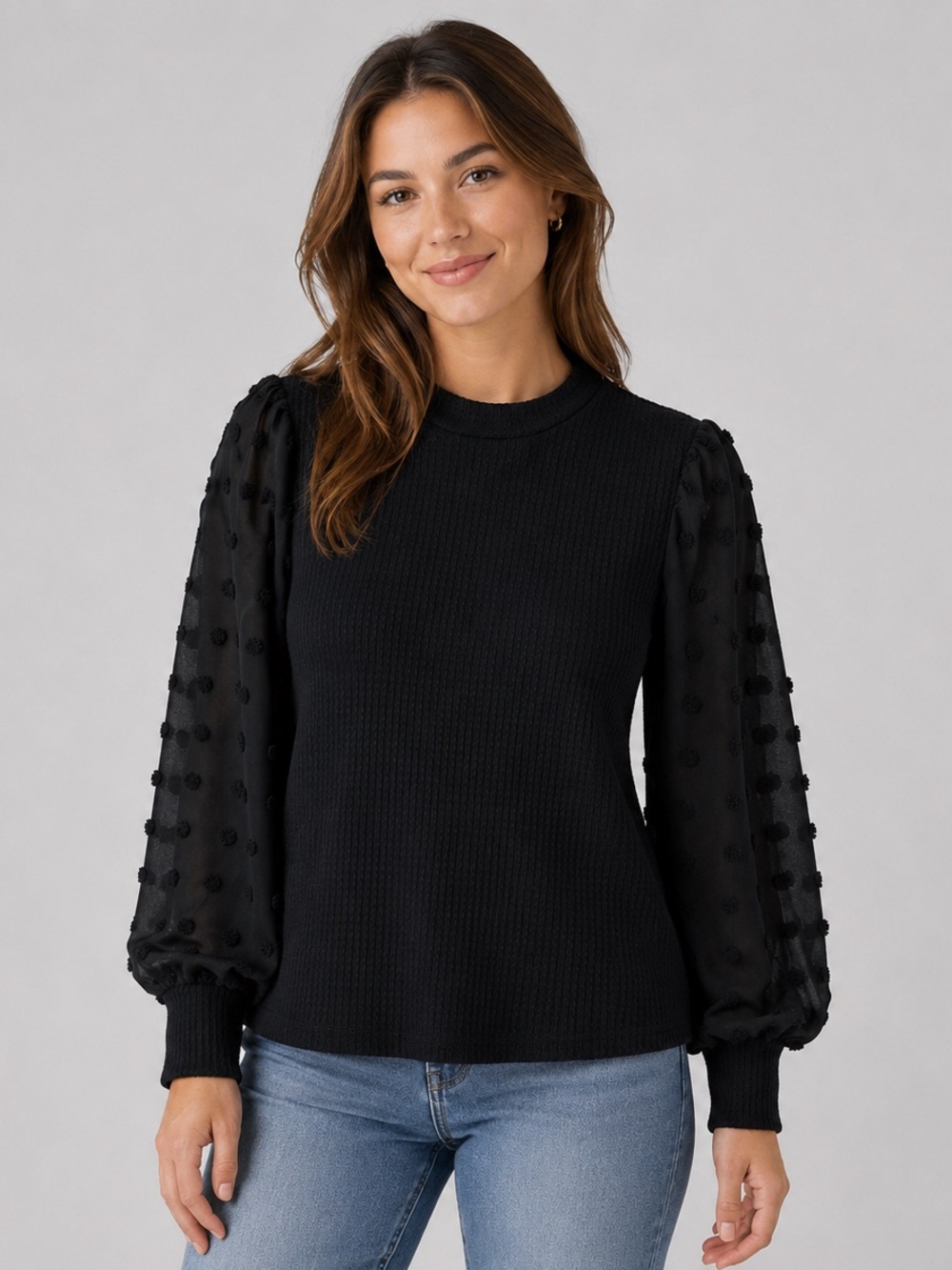 SHEIN Black Puff-Sleeve See-Through Lace Dot Knit Round-neck Blouse Top